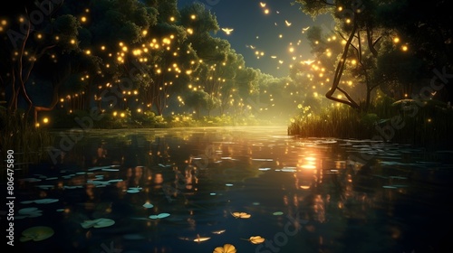 Enchanting fireflies dancing above a serene pond 