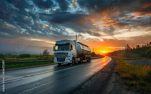  Big White Truck on Road in Rural Landscape at Sunset. Beautiful Cloudy Sky. passing the Asphalt Road. beautiful view