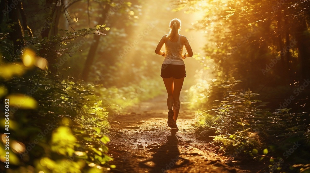 Fitness woman model running in forest Fitness woman model running in forest