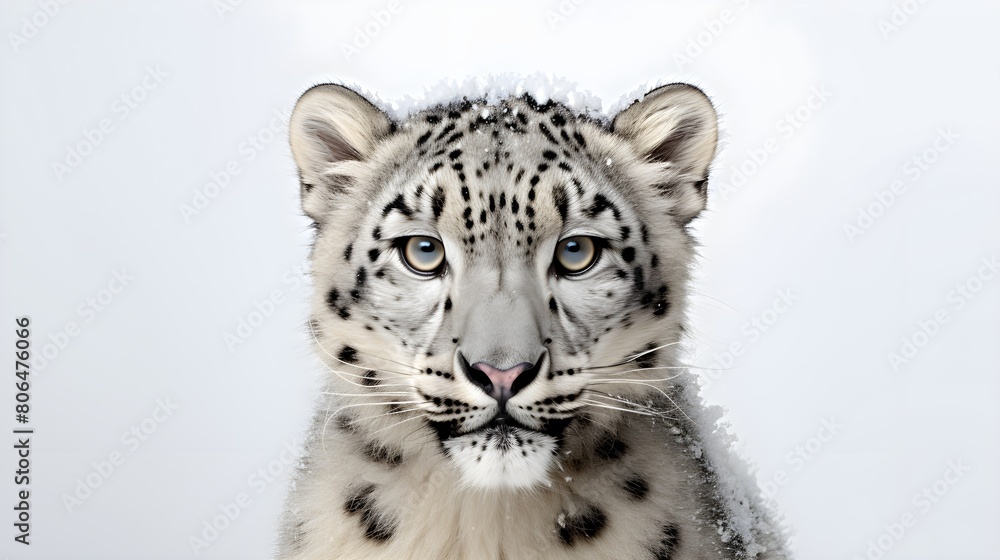 Fototapeta premium Enigmatic snow leopard against a white background, piercing eyes and spotted fur