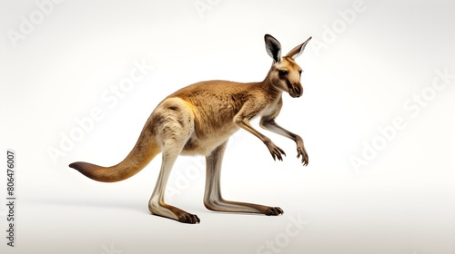 Energetic kangaroo in mid-hop, set against a seamless white backdrop,