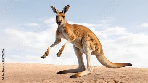 Energetic kangaroo in mid-hop, set against a seamless white backdrop,