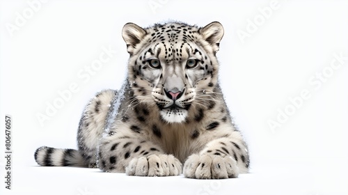 Enigmatic snow leopard against a white background, piercing eyes and spotted fur