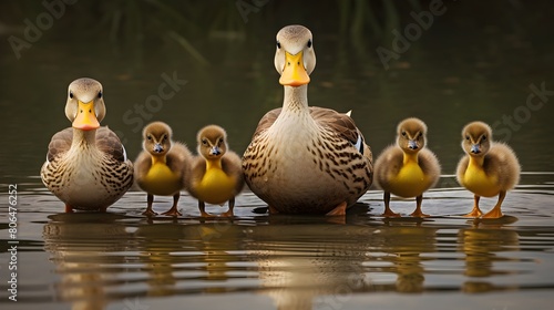 Family of ducks waddling in a row, webbed feet and quacking bills