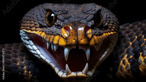 Gaze of a venomous snake, fangs exposed,