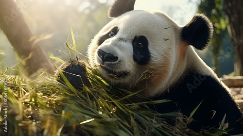 Gentle giant panda munching on bamboo 