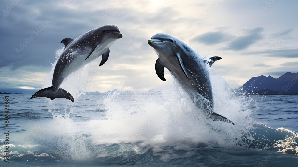 Obraz premium Graceful dolphins leaping in synchronized harmony