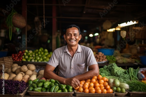 A Vibrant Portrait of a Smiling Local Merchant Standing Proudly in Front of His Colorful Indoor Market Stall Laden with Fresh Produce