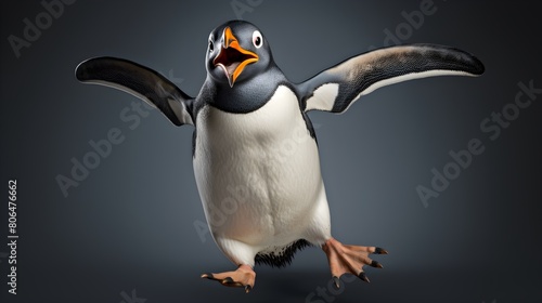 Goofy penguin doing a clumsy waddle, wings akimbo