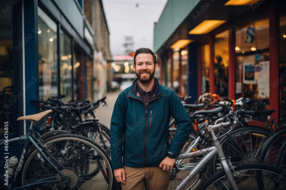 A Smiling Cyclist Posing Proudly in Front of a Quaint Bicycle Shop Adorned with Colorful Bikes and Vintage Signage A Smiling Cyclist Posing Proudly in Front of a Quaint Bicycle Shop Adorned with Colorful Bikes and Vintage Signage