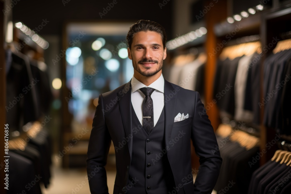 A Sophisticated Gentleman Posing Confidently in Front of an Upscale Formal Wear Boutique with Elegantly Displayed Suits and Tuxedos