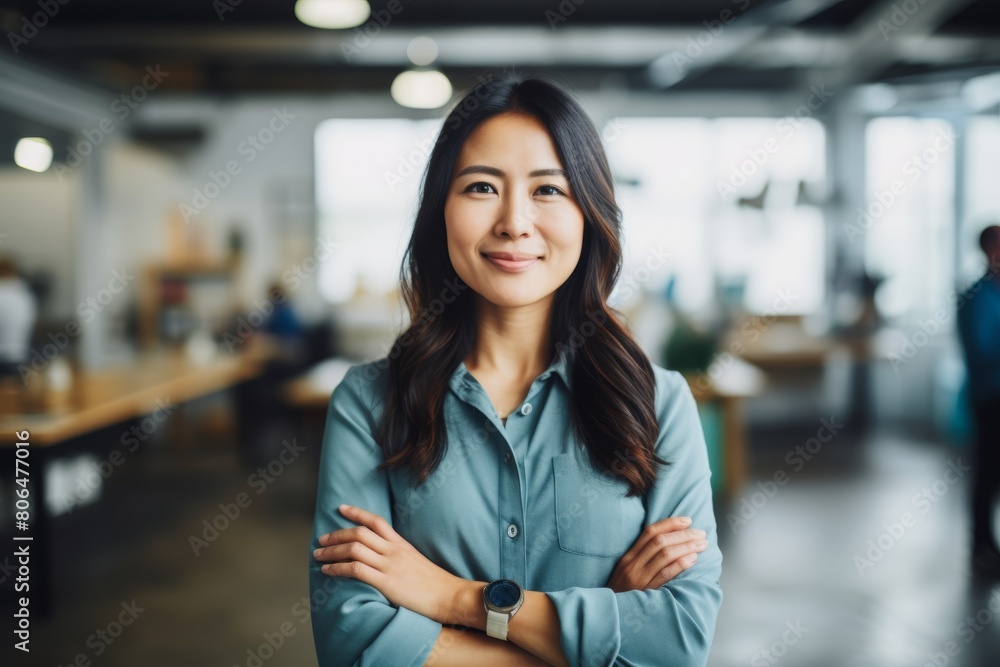 A Visionary Female Entrepreneur Standing Confidently Against the Backdrop of a Bustling Tech Startup Hub, Symbolizing Innovation and Leadership