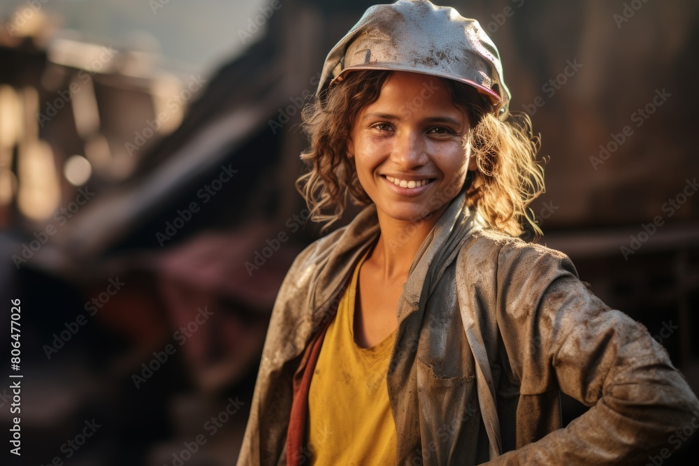 A Resilient Woman Standing Proudly Before the Sun-Kissed Entrance of a Bustling Gold Mine, Symbolizing Strength and Ambition A Resilient Woman Standing Proudly Before the Sun-Kissed Entrance of a Bustling Gold Mine, Symbolizing Strength and Ambition
