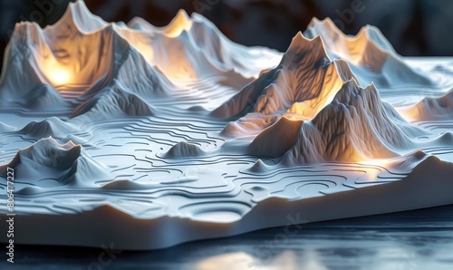 3D rendering of a detailed physical relief map with contour lines illuminated by warm lights from below. photo