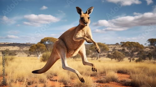 Kangaroo bounding across the Australian outback, muscular legs and tail photo