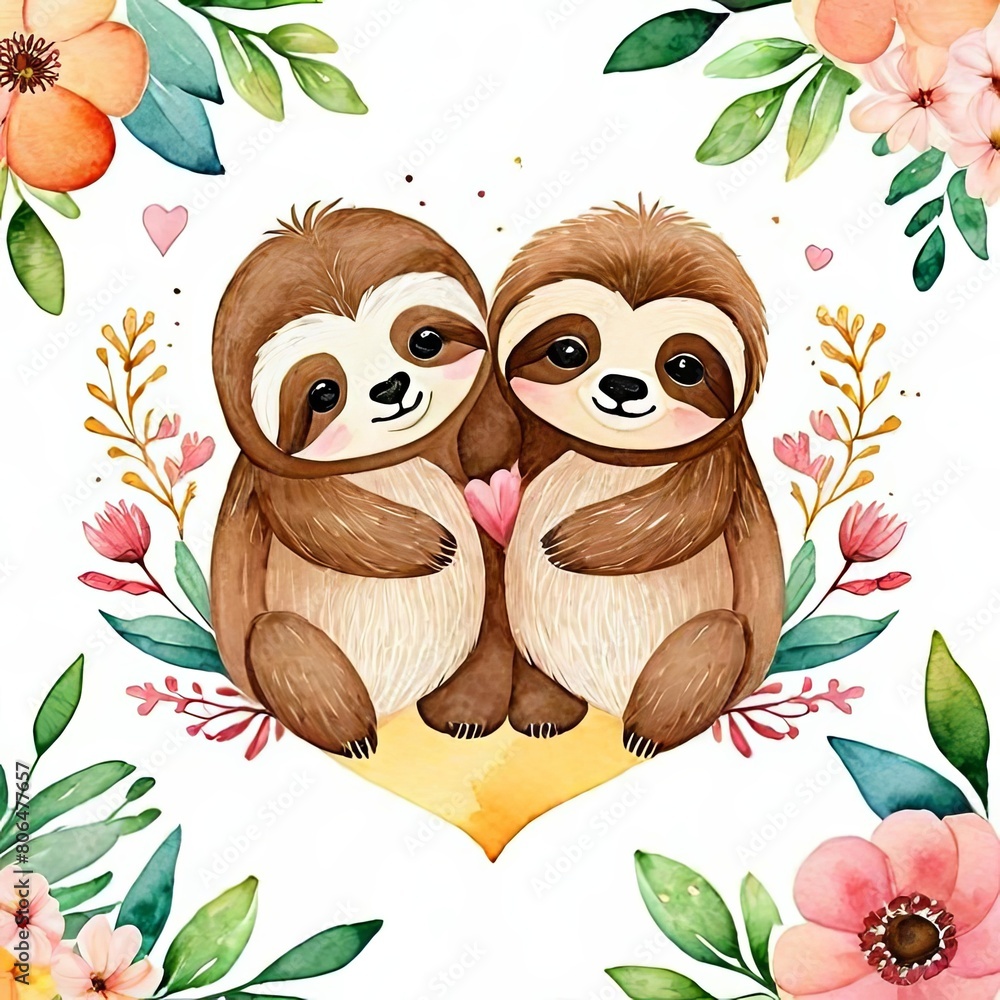 Obraz premium Sloths couple with hearts. Valentine Day vector cartoon funny animal character isolated on white background.