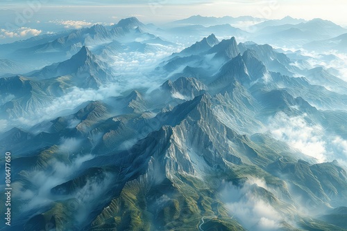 An aerial view of a mountain range with clouds.