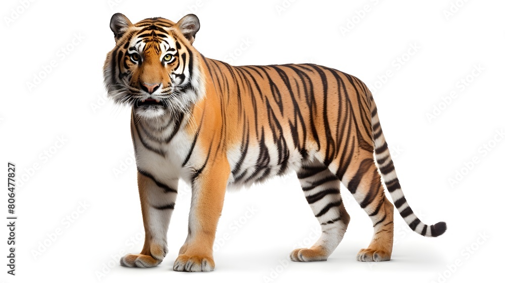 Obraz premium Majestic Bengal tiger in a powerful stance, isolated on a white background,