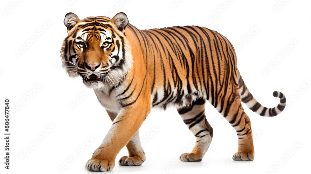 Obraz premium Majestic Bengal tiger in a powerful stance, isolated on a white background,