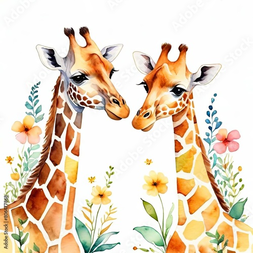  watercolor painting of two giraffes, one of which is from the giraffe family Watercolor painted giraffe isolated on white background  photo