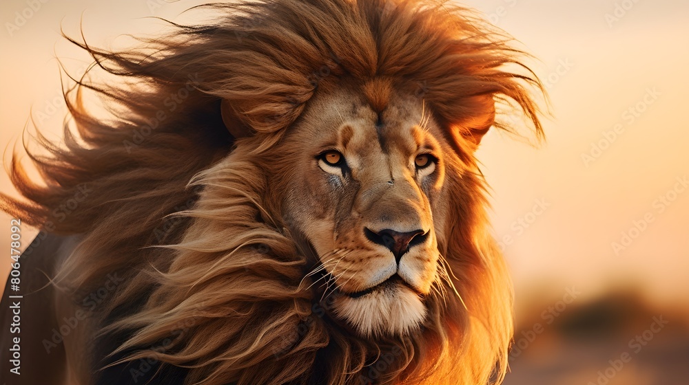 Fototapeta premium Mighty lion, mane flowing in the wind,