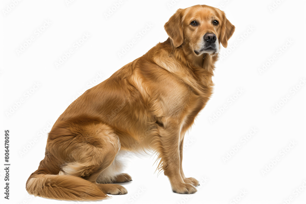 Golden Retriever sitting on white background, looking aside contemplatively, evoking calmness and gentle demeanor.
Golden Retriever sitting on white background, looking aside contemplatively, evoking calmness and gentle demeanor.