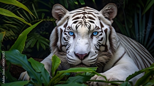 Majestic white tiger resting against a backdrop of lush greenery 