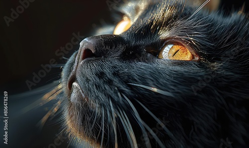 A close up of a black cat s face. The cat is looking up at something with its big  round  yellow eyes. Its fur is sleek and shiny.