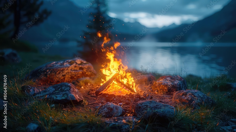 A bright dancing campfire burns on a rocky lakeside campsite as the sun sets over the mountains