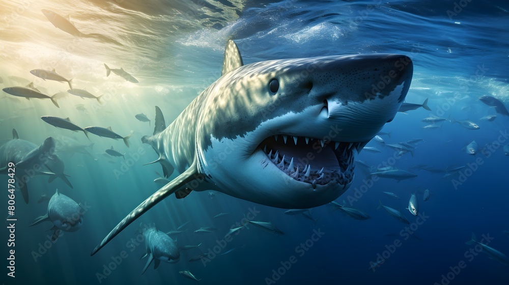 Fototapeta premium Playful shark racing alongside a boat