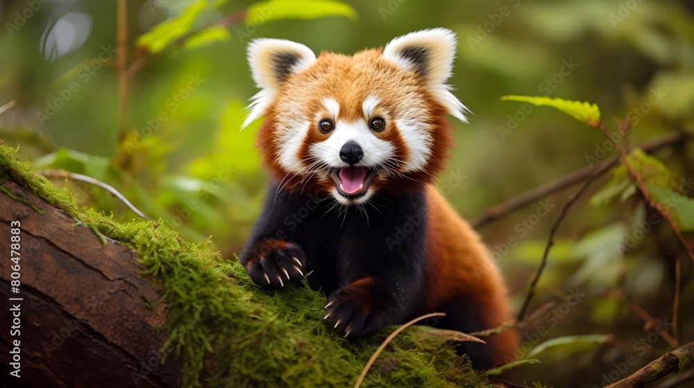 Naklejka premium Playful red panda caught mid-roll, bushy tail and carefree expression,