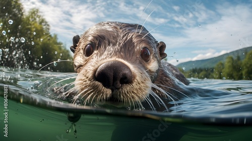 Playful otters diving into clear rivers,