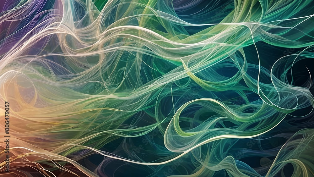 Fototapeta premium An abstract painting of swirling lines in green, blue, yellow, and red hues.