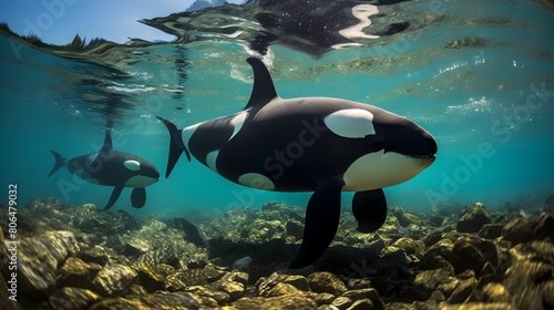 Powerful orcas cutting through the ocean s surface