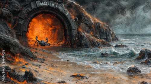 Fototapeta Naklejka Na Ścianę i Meble -  a monster coming out of a tunnel on the beach