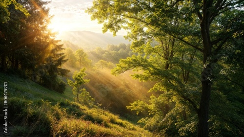 Sunset in the summer forest. Beautiful landscape with sunbeams