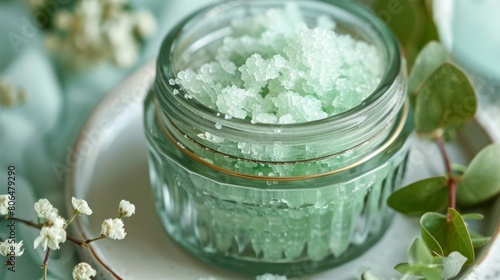 A vintage glass jar holds an exfoliating sugar scrub infused with invigorating peppermint and eucalyptus oils.