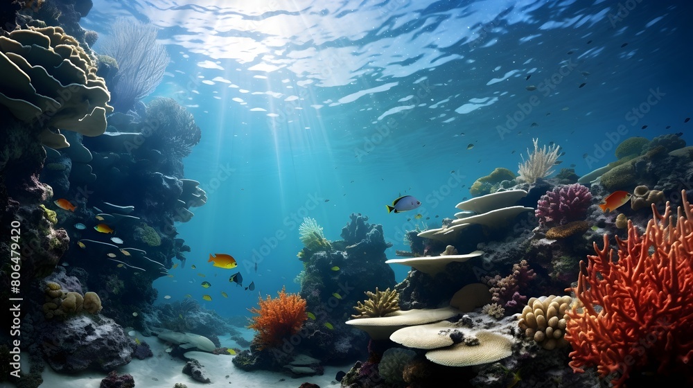Fototapeta premium Researchers studying coral reefs for marine conservation, the underwater exploration