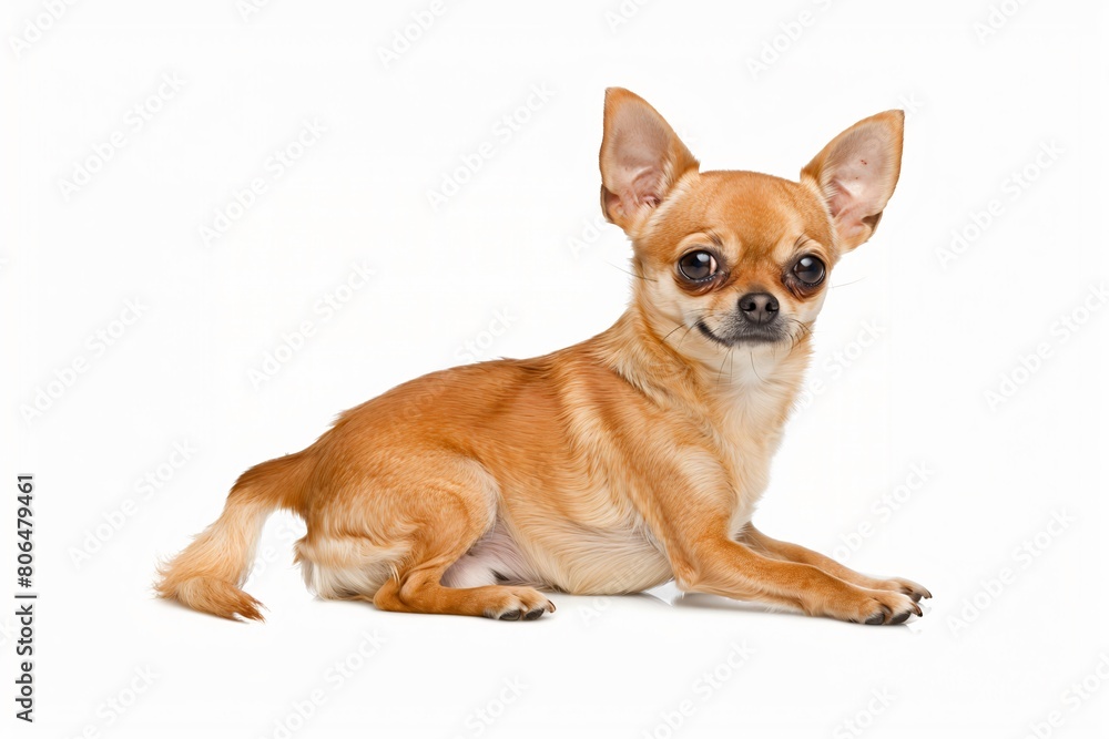 Small tan Chihuahua sitting calmly on a stark white background, highlighting its delicate features and attentive expression.
Small tan Chihuahua sitting calmly on a stark white background, highlighting its delicate features and attentive expression.