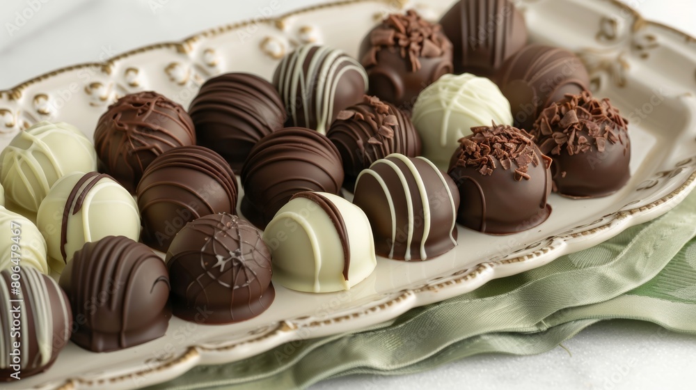 A platter of assorted truffles with flavors like dark chocolate hazelnut and mint each adorned with a delicate swirl of chocolate. A platter of assorted truffles with flavors like dark chocolate hazelnut and mint each adorned with a delicate swirl of chocolate.