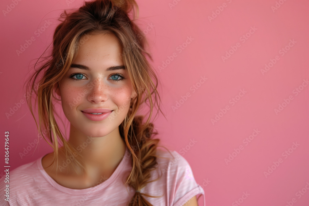 Woman with braided pigtails in front of pink blank backdrop, simple portrait for marketing campaigns Woman with braided pigtails in front of pink blank backdrop, simple portrait for marketing campaigns