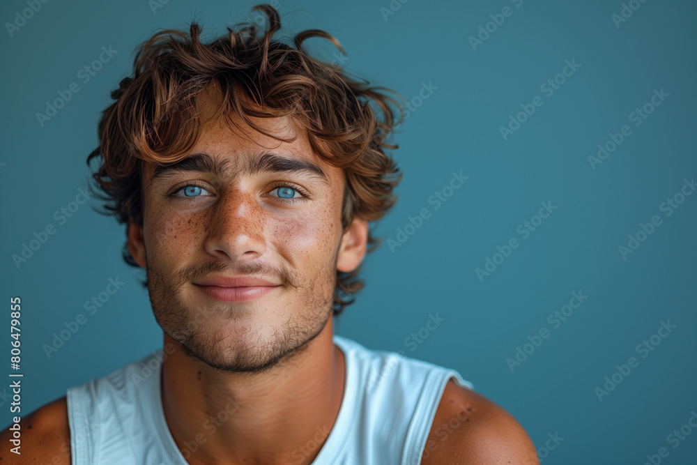 Close up of young man in tank top against sky blue background, minimalist portrait with copy space Close up of young man in tank top against sky blue background, minimalist portrait with copy space