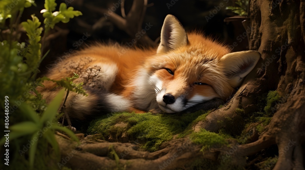 Naklejka premium Snoozing red fox in a woodland den,