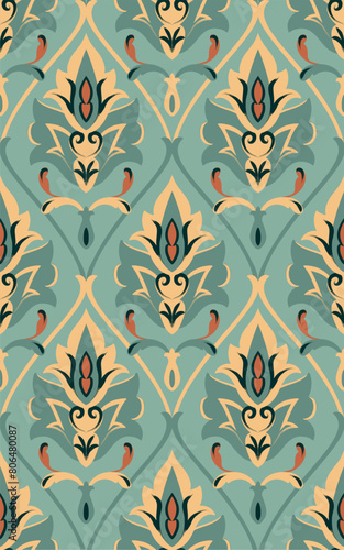 Seamless blue damask pattern. Vintage vector ornament. Oriental background for a wallpaper, textile, carpet, wrapping paper. 