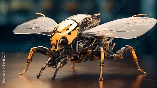 State-of-the-art drone beetle in mid-flight, metallic exoskeleton and advanced sensors