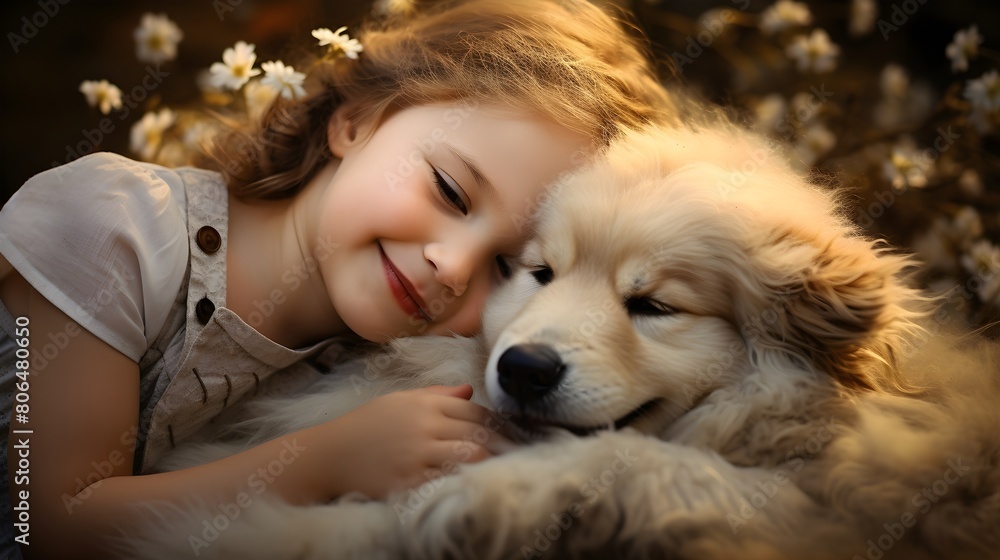 Tender friendship blossoms as a child tickles a puppy's belly
