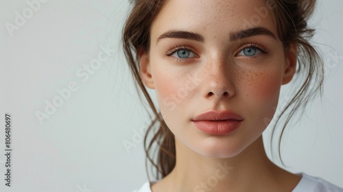 Classic Elegance, close-up shot of the model's face, highlighting her natural beauty and elegance