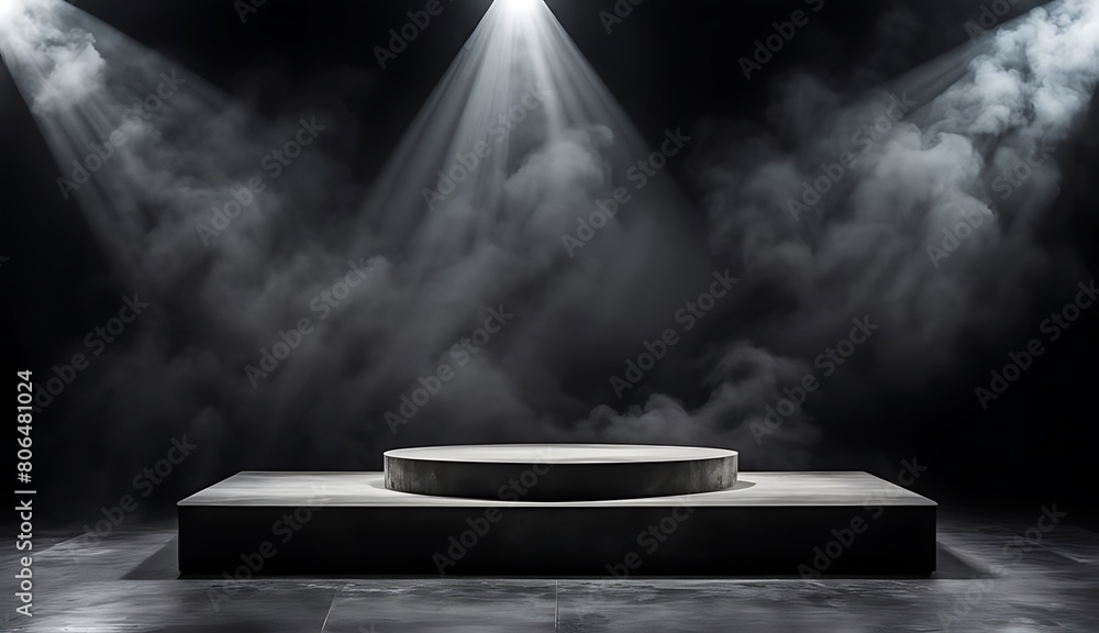 Podium black dark smoke background product platform abstract stage texture fog spotlight. Dark black floor podium dramatic empty night room table concrete wall scene place display studio smoky dust Podium black dark smoke background product platform abstract stage texture fog spotlight. Dark black floor podium dramatic empty night room table concrete wall scene place display studio smoky dust