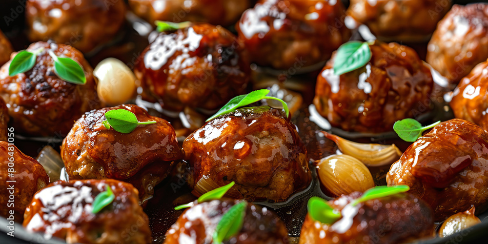 close up of meatballs in an rich brown sauce, generative AI close up of meatballs in an rich brown sauce, generative AI