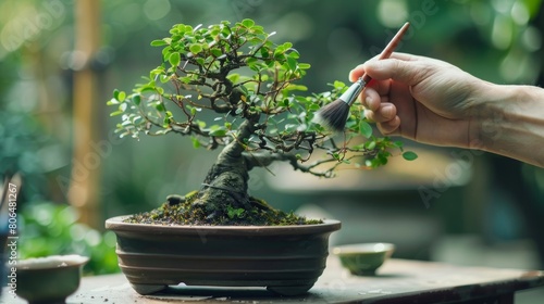 A bonsai tree being gently brushed with a soft makeup brush to remove debris and dust from its delicate leaves.